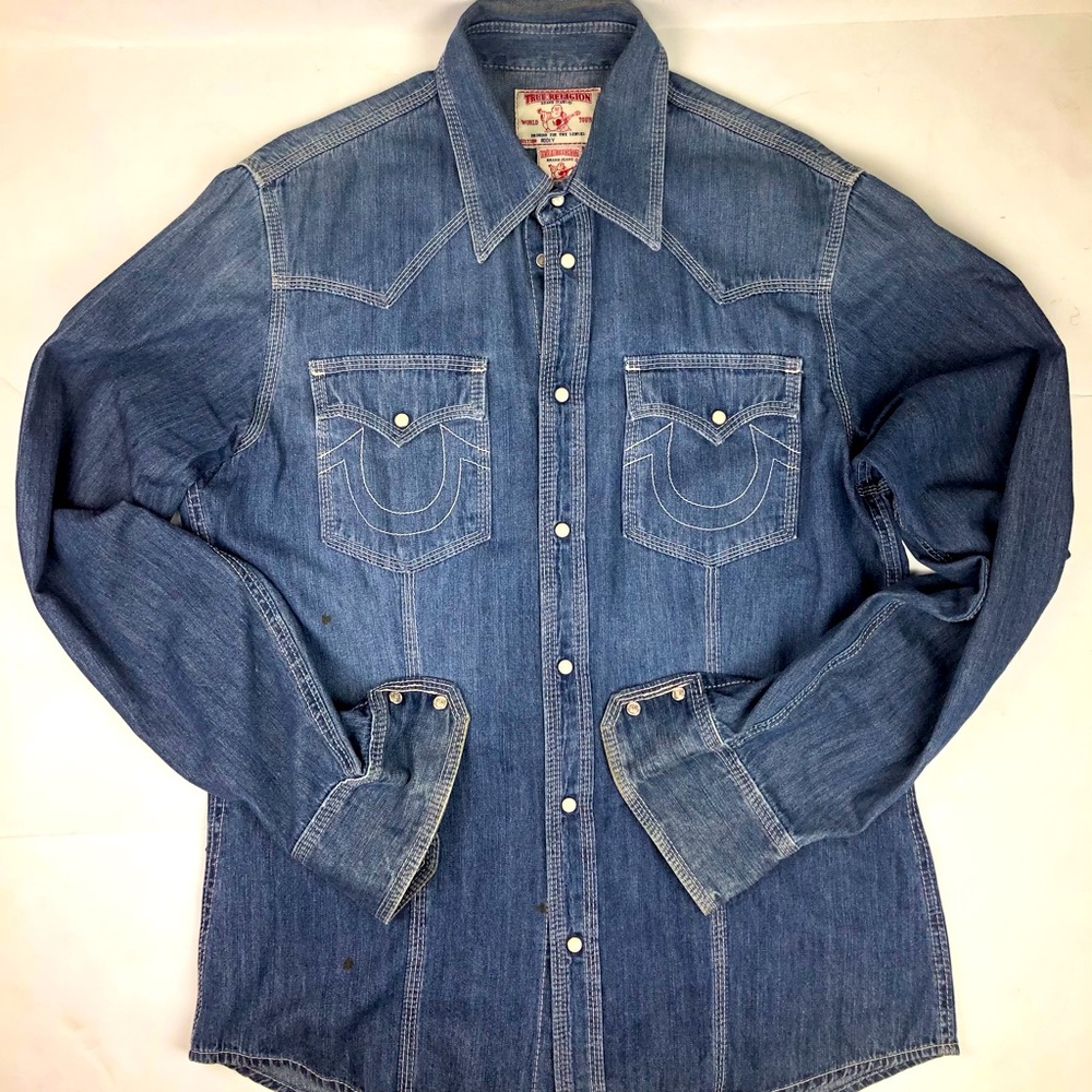 True Religion Distressed Denim Western Shirt XL